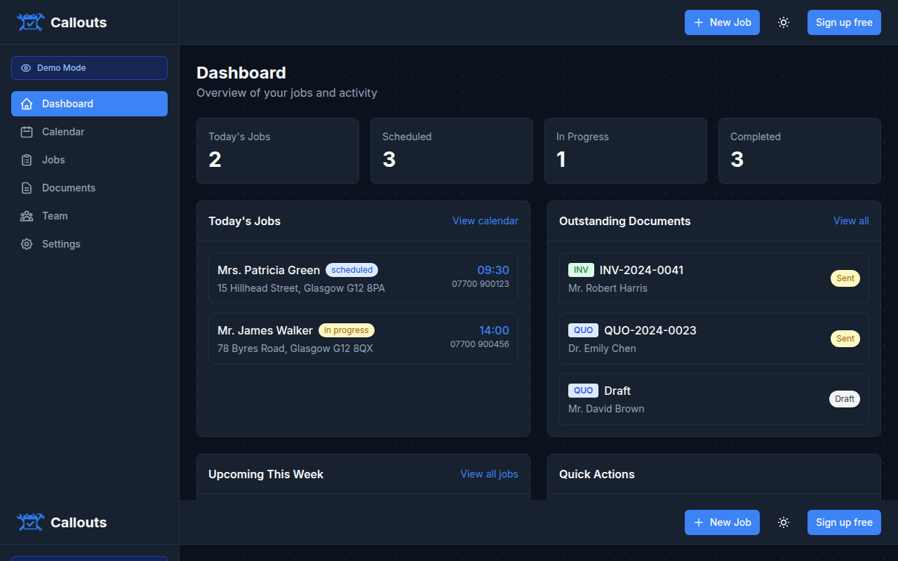 Dashboard overview showing jobs at a glance