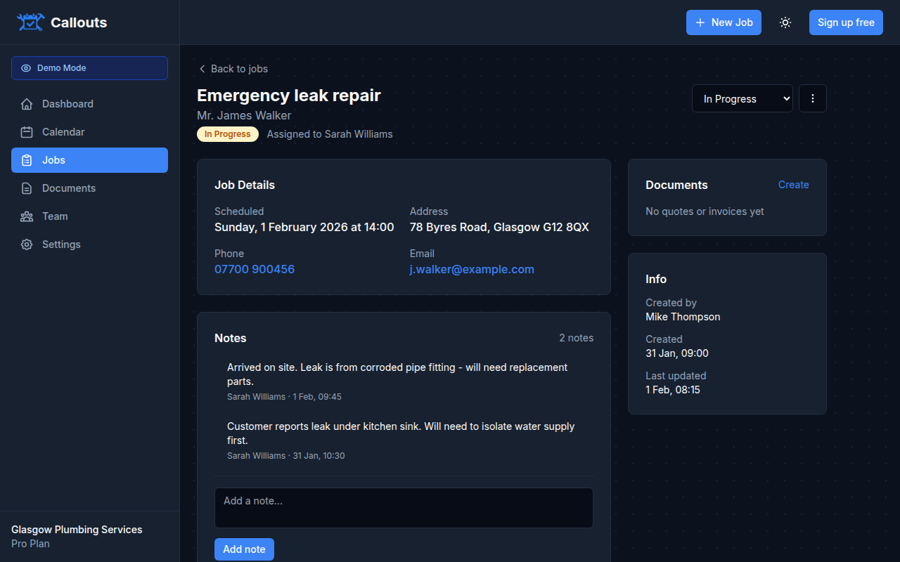 Job detail page with notes and photos