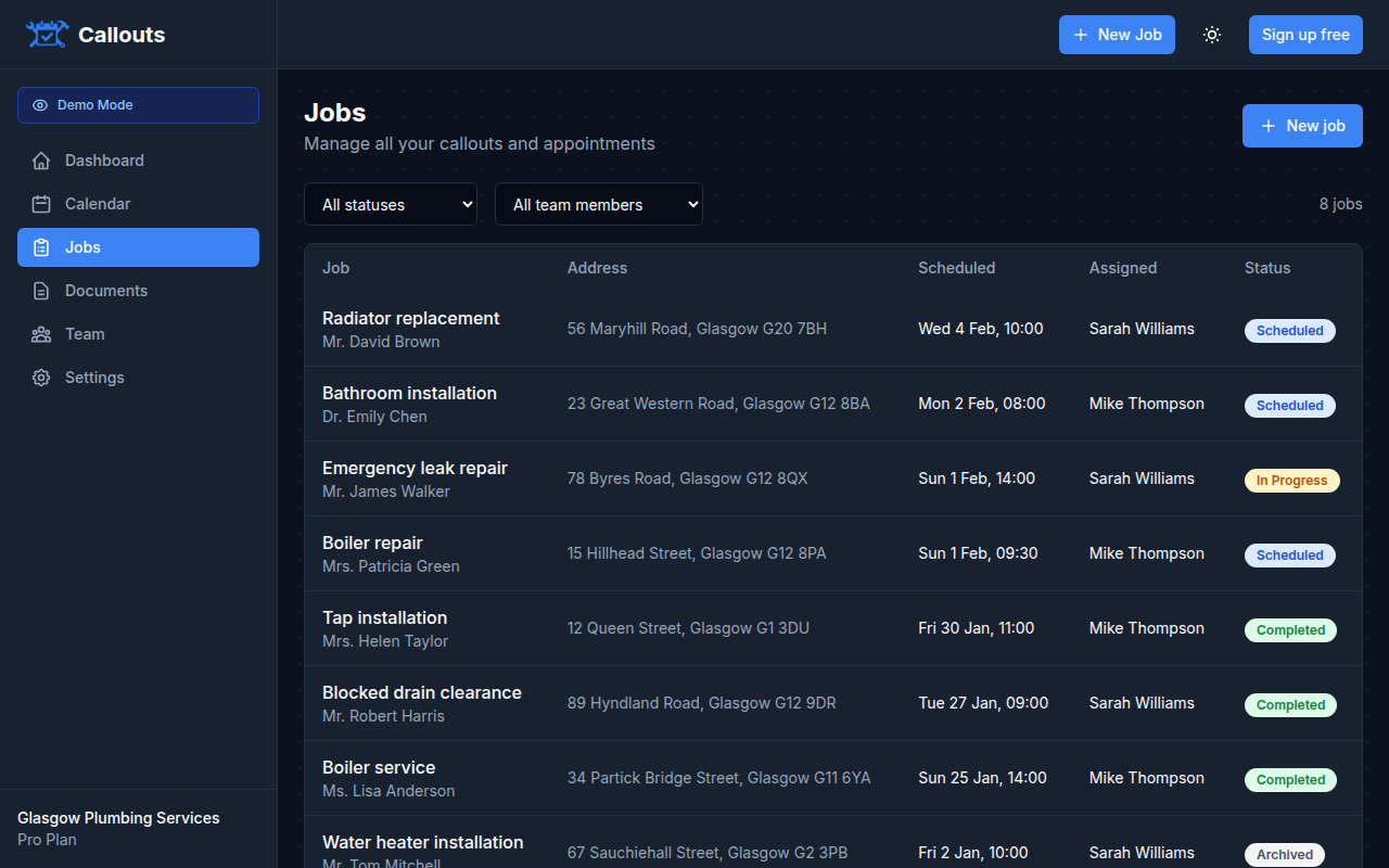 Jobs list with status and customer details
